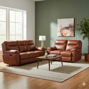 A matching top-grain leather reclining sofa and loveseat set in a warm brown finish.