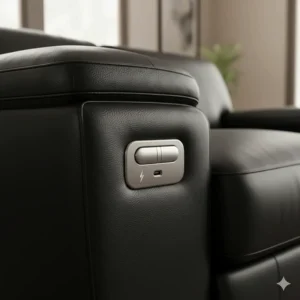 Close-up of a side power control button on a black leather reclining sofa.