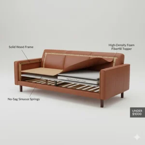 Diagram showing the solid wood frame construction of a high-quality, affordable leather sofa.