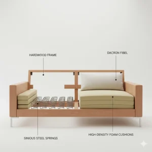 Illustration showing the hardwood frame and springs of a modern leather sofa.