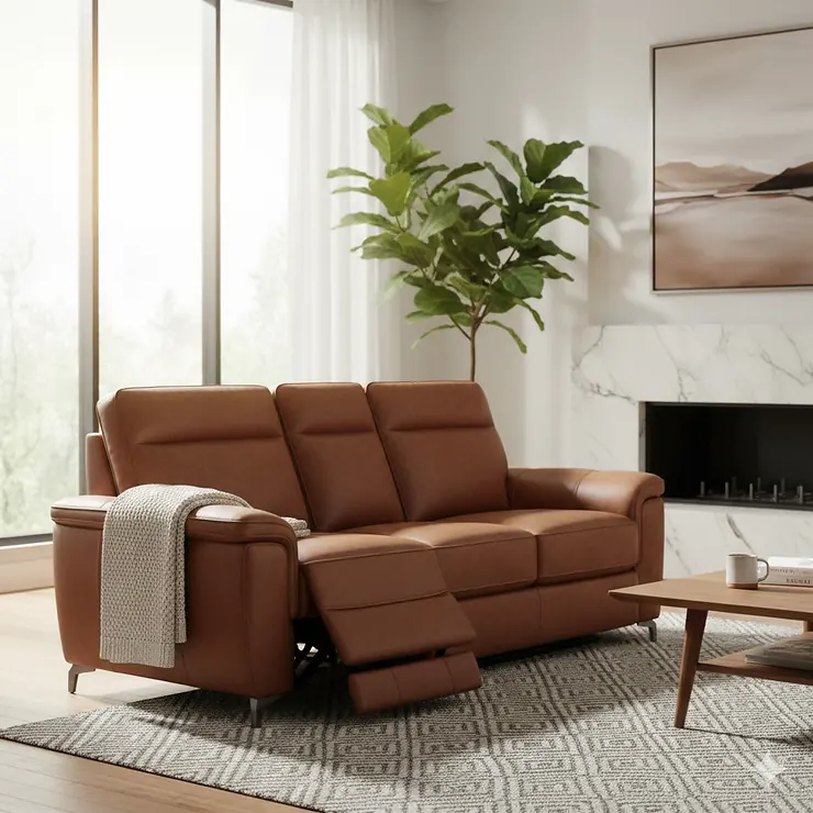 Top-grain brown leather reclining sofa in a modern, sunlit living room.