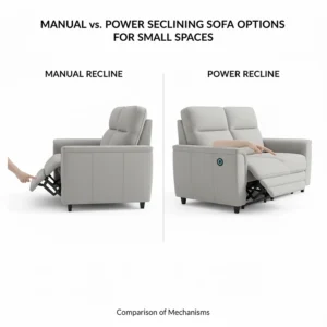 Comparison graphic of manual and power reclining sofa options designed for tight living quarters.