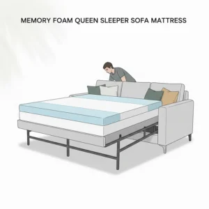 Close-up illustration of a memory foam mattress inside a queen sleeper sofa.