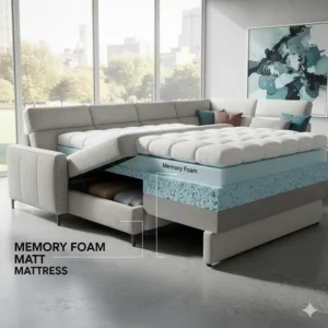 Cross-section illustration of the memory foam mattress inside a sectional sleeper sofa.