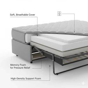 Cross-section illustration of a comfortable memory foam mattress inside a sleeper sofa for small spaces.