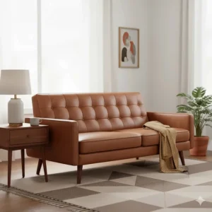 Mid-century modern brown leather sofa with tapered wooden legs and sleek lines.