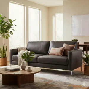 An L-shaped modern leather sofa positioned in an open-concept living area.