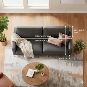 Overhead view showing the scale and depth of a modern leather sofa.