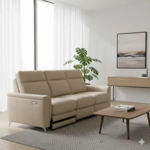 Minimalist living room featuring a three-seater leather reclining sofa and a rug.