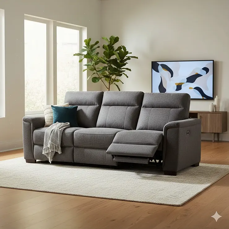 A contemporary three-seater power reclining sofa in charcoal gray fabric featuring built-in USB ports and adjustable headrests in a bright living room.