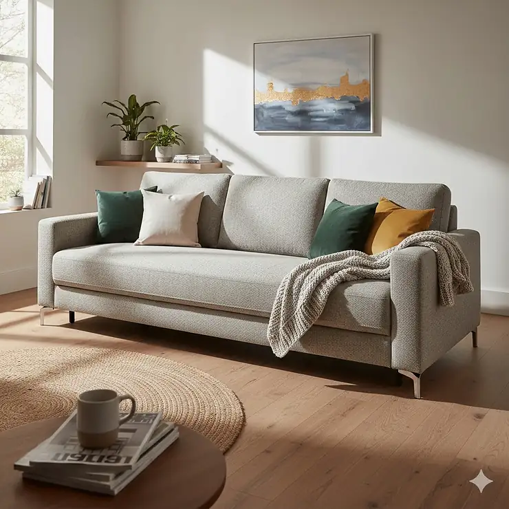 A stylish grey queen sleeper sofa styled with throw pillows in a modern living room.