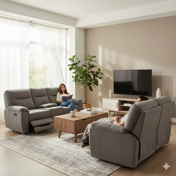 A luxurious grey fabric reclining sofa and loveseat set arranged in a contemporary living room with neutral decor.