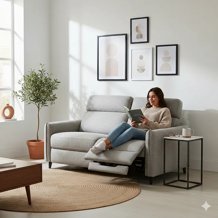 A sleek, modern reclining sofa for small spaces styled in a compact apartment living room.