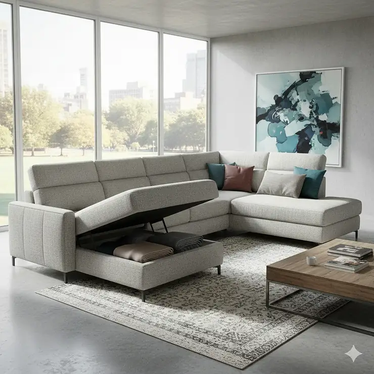 A contemporary L-shaped sectional sleeper sofa with storage ottoman in a bright, modern living room.