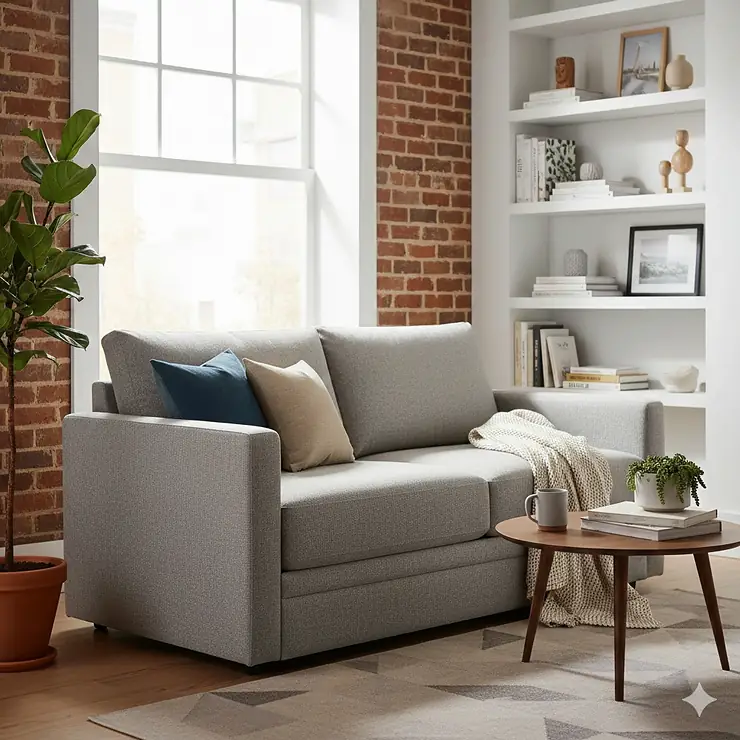 A stylish grey sleeper sofa for small spaces positioned in a bright, modern studio apartment.