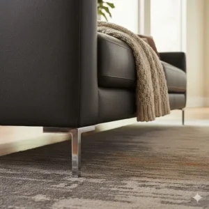 Detail of tapered metal legs on a contemporary modern leather sofa.