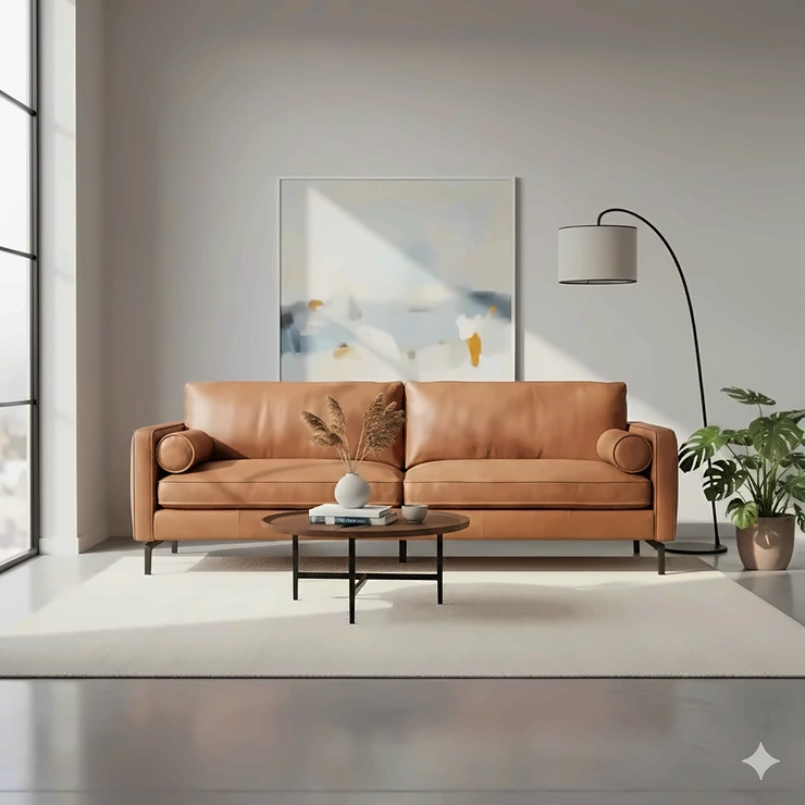 A luxurious cognac-colored top grain leather sofa styled in a bright, modern living room with minimalist decor.