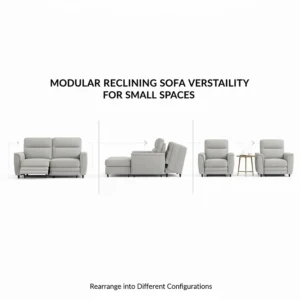 Illustration of a modular reclining sofa for small spaces being rearranged into different configurations.