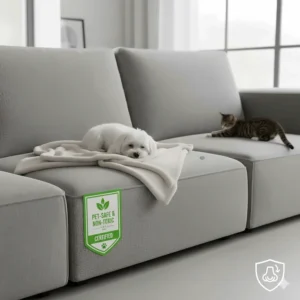 Eco-friendly and non-toxic certification seal on a pet-friendly couch illustration.