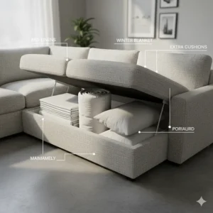 Illustration of bed linens and cushions neatly organized inside the built-in storage of a sectional sofa.
