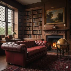 Traditional oxblood red leather Chesterfield sofa in a classic dark wood home library.