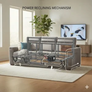 Technical illustration showing the heavy-duty steel reclining mechanism and electric motor of a power sofa.