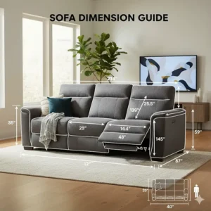 A dimension guide showing the width, height, and fully reclined length of a standard 3-seat power reclining sofa.