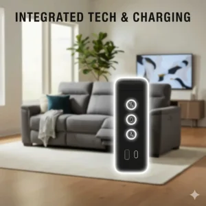 Close-up illustration of the side control panel on a power reclining sofa with integrated USB-C charging ports and LED buttons.