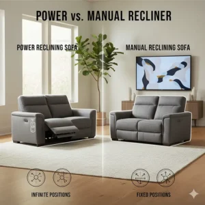 Comparison chart highlighting the infinite seating positions of a power reclining sofa versus the fixed positions of a manual recliner.
