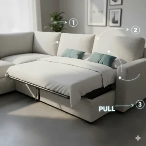 Diagram demonstrating how to convert a sectional sofa into a full-size guest bed using the pull-out handle.