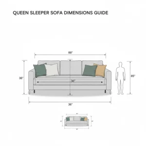 Diagram showing the width and depth of a standard queen sleeper sofa.