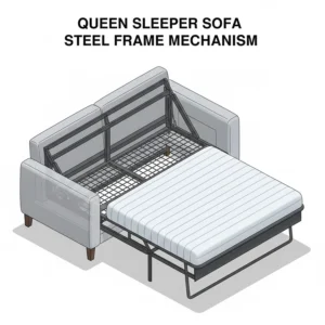 Detailed view of the heavy-duty steel pull-out mechanism for a queen sleeper.