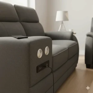 Side view of a reclining sofa set showing built-in USB charging ports and power reclining buttons.