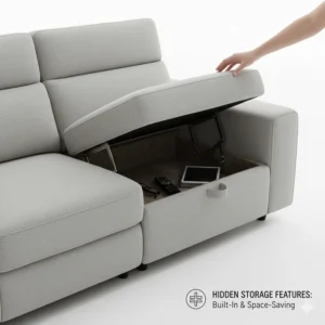 Close-up illustration of a space-saving reclining sofa with built-in storage compartments in the armrests.