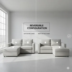 Illustration showing a reversible sectional sleeper sofa with storage that can be configured with a left or right-facing chaise.