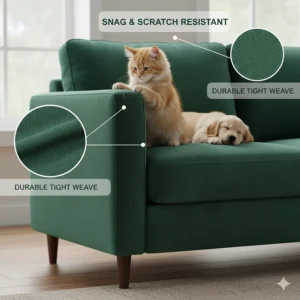 Illustration showing the tight weave of a pet-friendly velvet sofa resistant to snags and scratches.