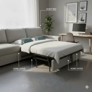 A multi-functional home office featuring a sectional sleeper sofa with storage used as a guest bed.