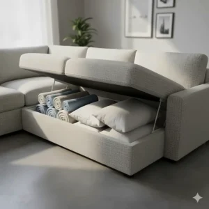 Illustration showing the lift-top storage chaise of a sectional sleeper sofa containing blankets and pillows.