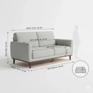 Diagram showing the compact dimensions of a sleeper sofa for small spaces in inches and centimeters.