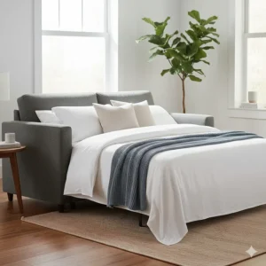 A sleeper sofa fully extended and made up with luxury linens to show its function as a permanent bed replacement.