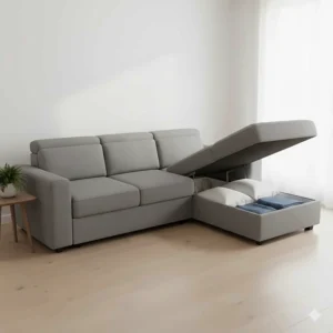 A sectional sleeper sofa with a lift-top storage compartment holding pillows and blankets for nightly use.