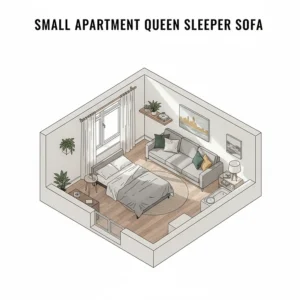 Illustration of a queen sleeper sofa fitting perfectly in a compact apartment floor plan.