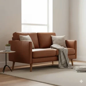 Compact two-seater brown leather sofa perfect for small apartment living rooms.