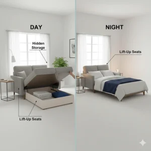 Illustration highlighting a hidden storage compartment under a sleeper sofa for small spaces.
