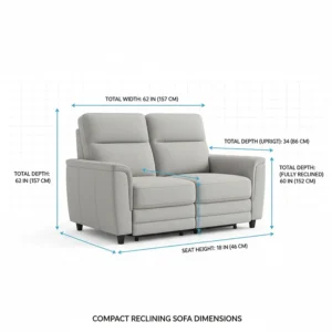 Technical drawing showing the width and depth measurements of a compact reclining sofa.