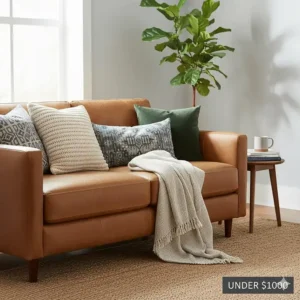 A tan leather sofa under $1000 decorated with textured throw pillows and a blanket.