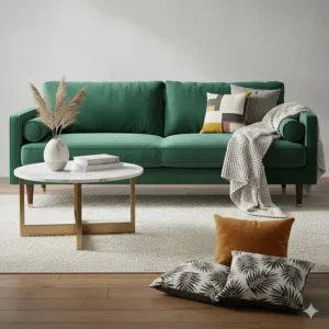 A mood board featuring a velvet sofa paired with marble coffee tables and patterned throw pillows.