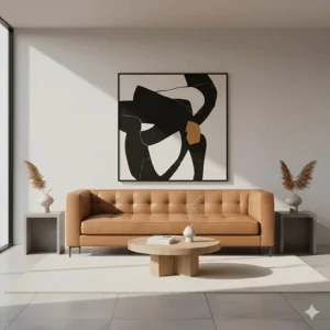 A modern tan leather Chesterfield sofa styled with minimalist home decor.