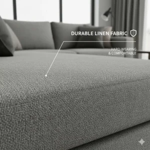 Close-up view of durable grey linen upholstery on a sectional sleeper sofa with storage.