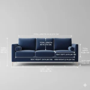 Dimensional drawing of a 3-seater velvet sofa showing length, depth, and seat height.